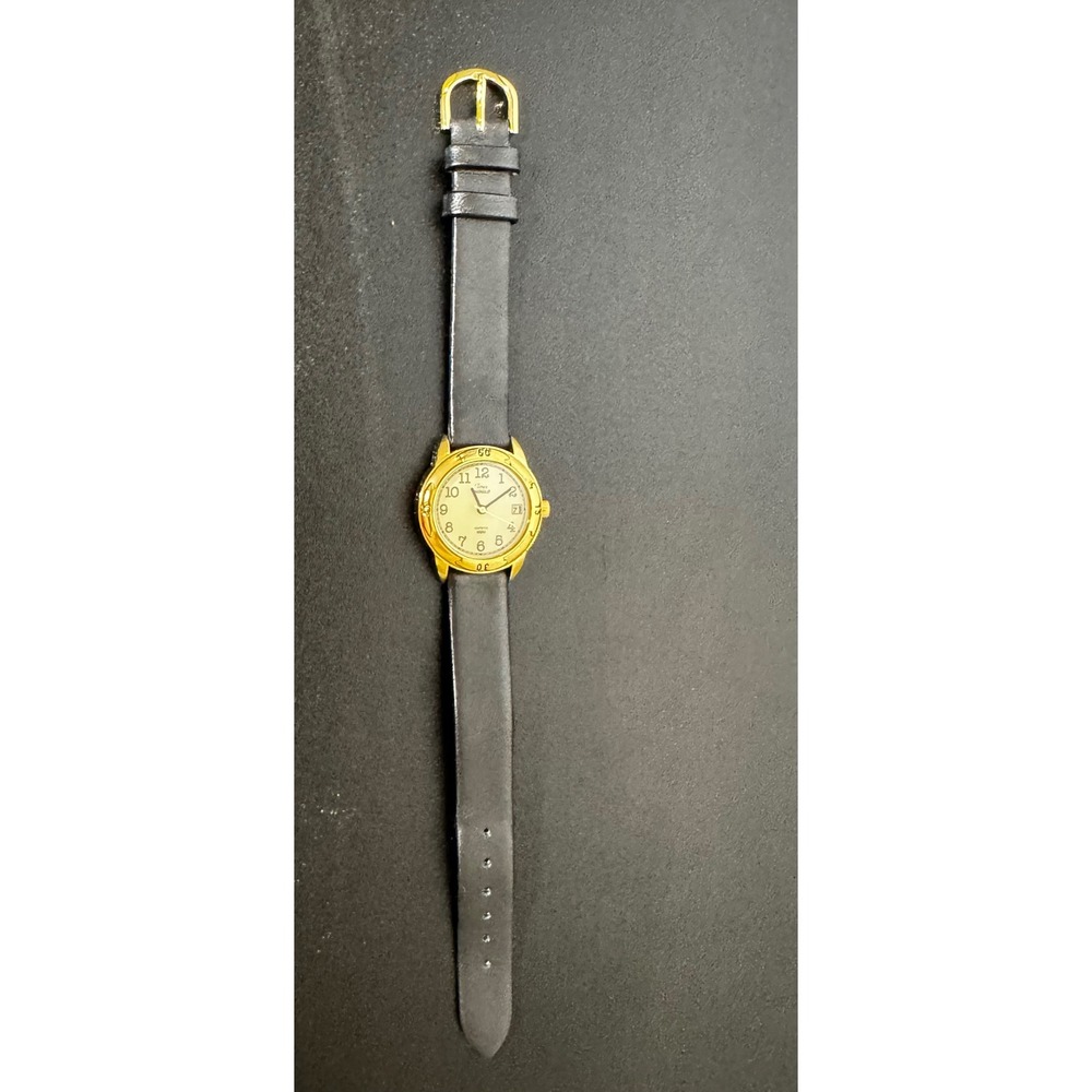 Timex Indiglo Gold Tone Quartz Watch Black Leather Strap Date Water Resist